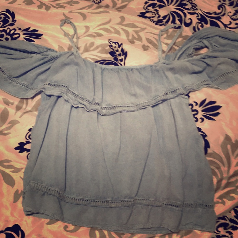Denim blue off the shoulder ruffle